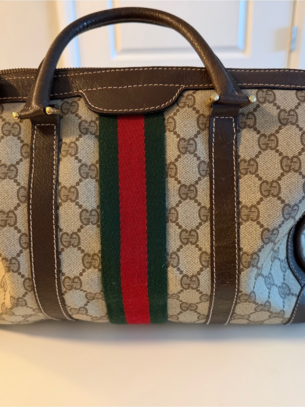 Gucci Beige GG Canvas Satchel with Green and Red Web Stripe